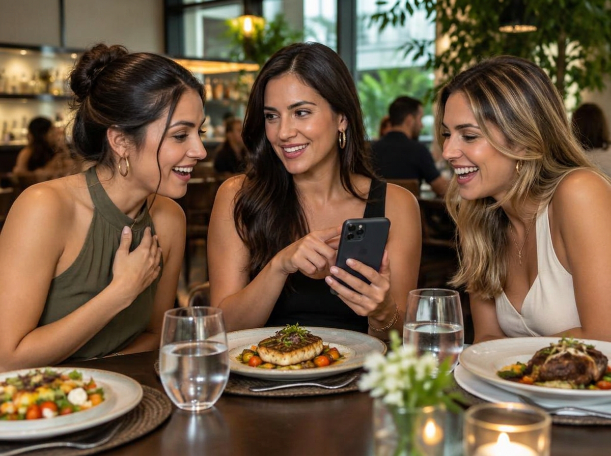 Paciente mostra o celular às amigas durante o jantar