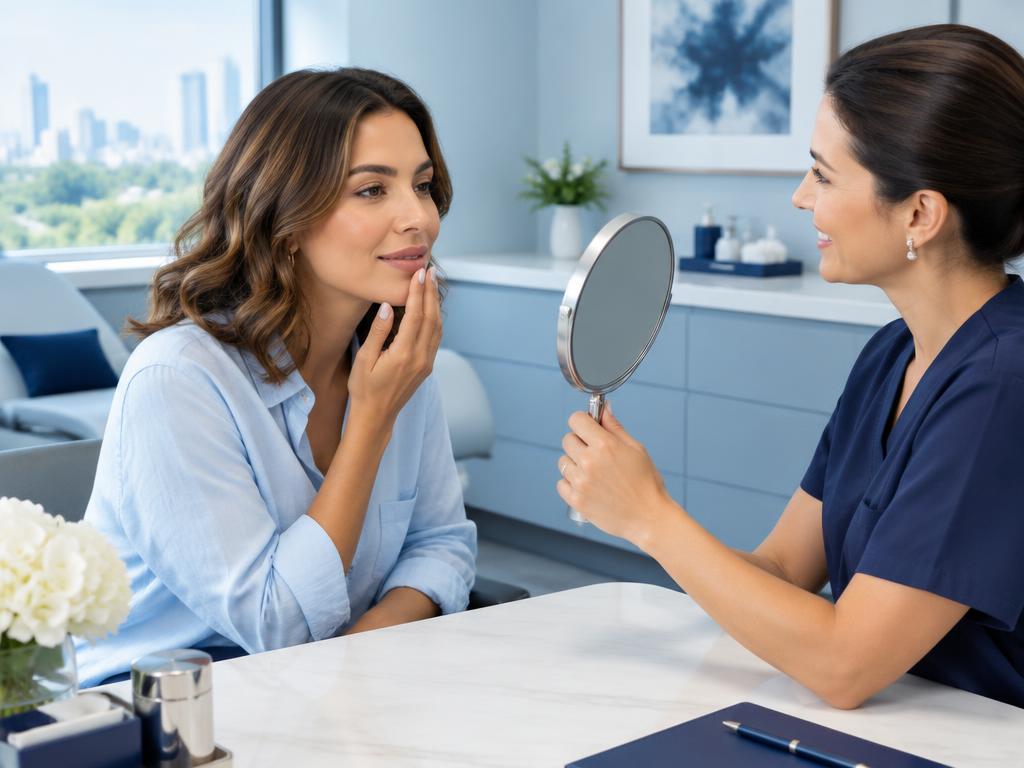 Paciente avalia preenchimento labial com a profissional